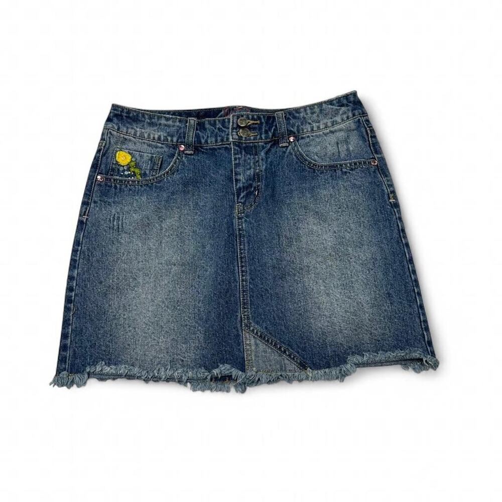 Jessica Simpson Mini Vintage Denim Skirt Floral patches & Pink Mcbling Size 4
